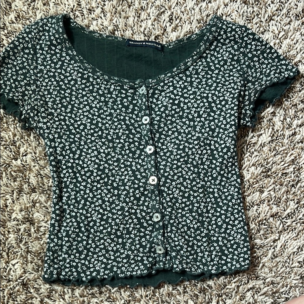Brandy Melville Blue Button Down Fitted Short Sleeve Shirt